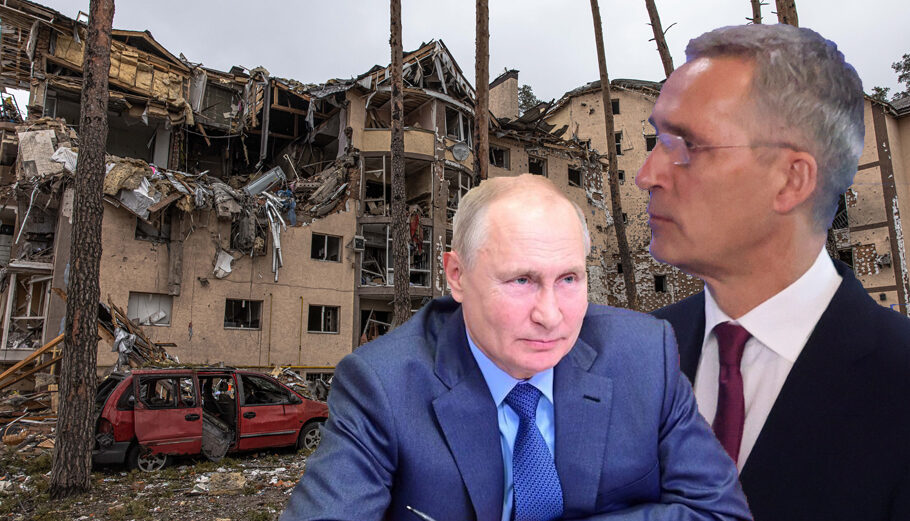 Ο Βλαντιμίρ Πούτιν και ο Γενς Στόλτενμπεργκ με φόντο το βομβαρδισμένο Κίεβο © EPA/ ROMAN PILIPEY /ALEXEI NIKOLSKY/SPUTNIK /KREMLIN / POOL MANDATORY CREDIT/ YVES HERMAN / POOL