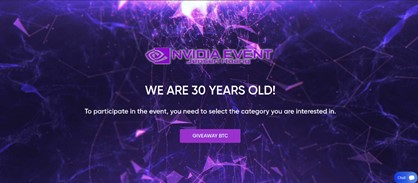 Landing page του πλαστού ιστότοπου Nvidia που παρουσιάζεται σε βιολετί χρώμα ©ΔΤ
