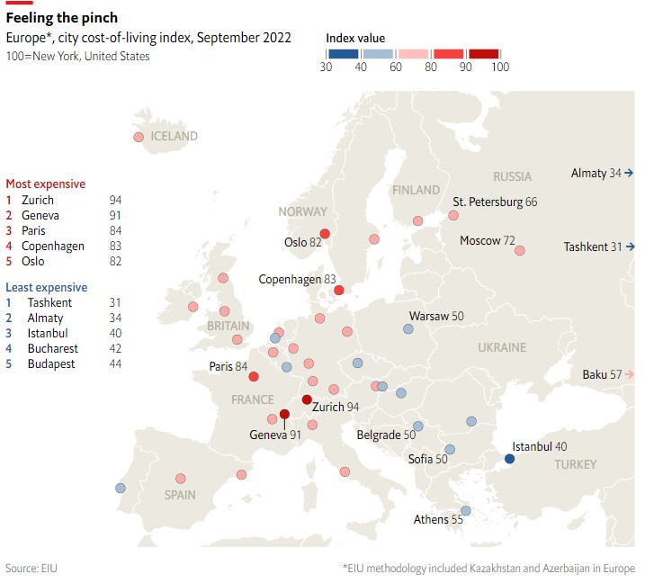 Η λίστα με τις ακριβές και φτηνές ευρωπαϊκές πόλεις. Στην 55η θέση η Αθήνα © Economist