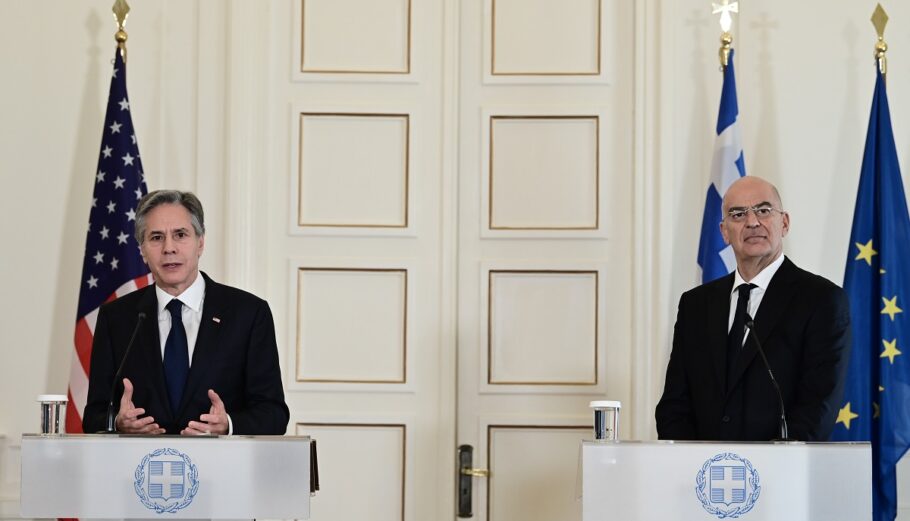 O υπουργός Εξωτερικών των ΗΠΑ, Αντονι Μπλίνκεν και ο υπουργός Εξωτερικών Νίκος Δένδιας © Eurokinissi