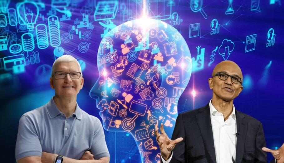 Τεχνητή νοημοσύνη © 123RF O CEO της Apple, Τιμ Κουκ και ο CEO της Microsoft Σάτια Ναντέλα με φόντο την τεχνητή νοημοσύνη © EPA/JOHN G. MABANGLO /MAST IRHAM / 123RF / Powergame.gr