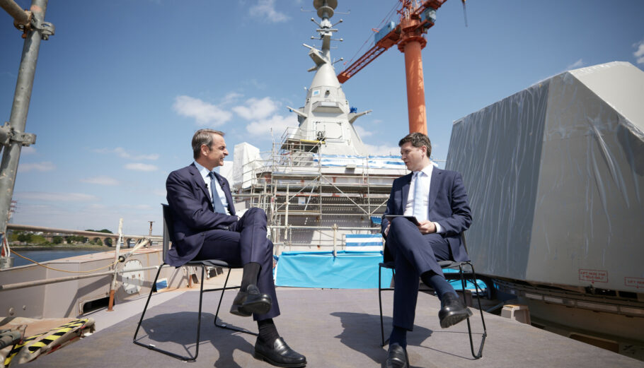 Συνέντευξη του Πρωθυπουργού Κυριάκου Μητσοτάκη από τα ναυπηγεία της Naval Group στη Λοριάν της Γαλλίας © ΓΡΑΦΕΙΟ ΤΥΠΟΥ ΠΡΩΘΥΠΟΥΡΓΟΥ