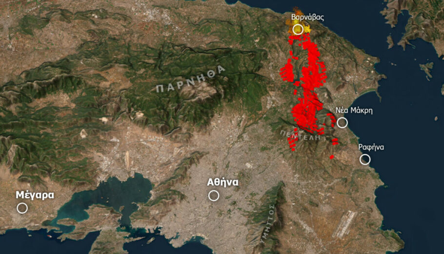 Τα στρέμματα που κάηκαν μέχρι το μεσημέρι της Δευτέρας από τη φωτιά στην Αττική © meteo.gr