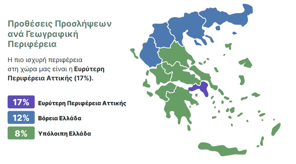 Χάρτης με την πρόθεση προσλήψεων από εταιρείες ανά περιοχή © Manpower