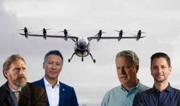 Oι CEO των Joby Aviation JoeBen Bevirt, Volocopter Dirk Hoke, Lilium Air Mobility Klaus Roewe και Archer Aviation Adam Goldstein με φόντο ένα από τα ιπτάμενα ταξί (eVTOL) © EPA/YouTube screenshot/LinkedIn/powergame.gr