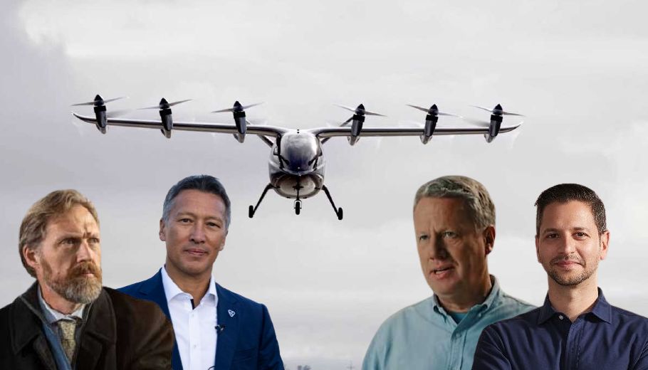 Oι CEO των Joby Aviation JoeBen Bevirt, Volocopter Dirk Hoke, Lilium Air Mobility Klaus Roewe και Archer Aviation Adam Goldstein με φόντο ένα από τα ιπτάμενα ταξί (eVTOL) © EPA/YouTube screenshot/LinkedIn/powergame.gr