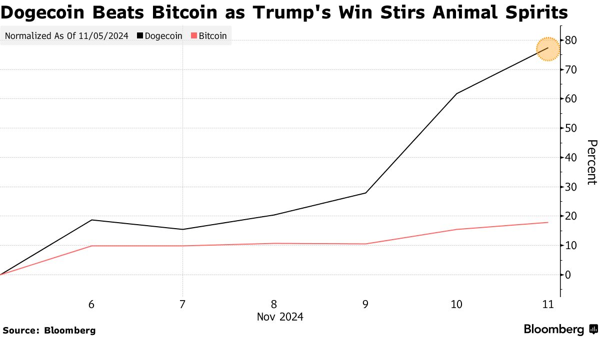 Υπεραπόδοση Dogecoin έναντι Bitcoin δια χειρός Τραμπ ©Bloomberg 