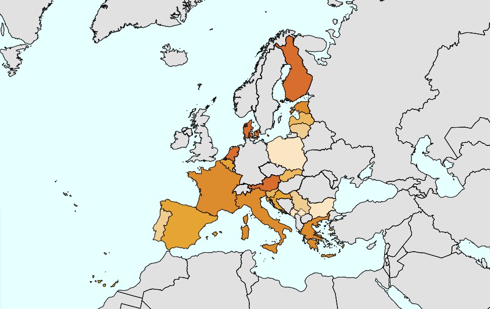 Με το σκούρο πορτοκαλί οι χώρες με τα υψηλότερα ποσοστά βίας κατά των γυναικών στην ΕΕ © Eurostat